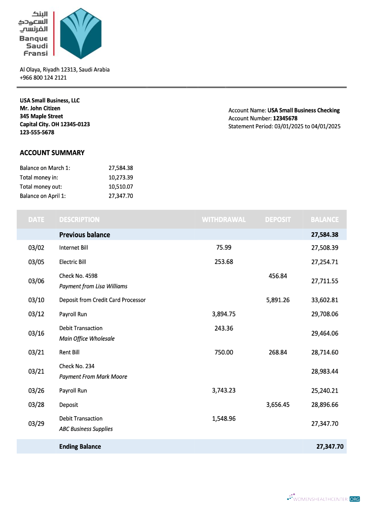 Saudi Arabian Banque Saudi Fransi organization checking account statement Word and PDF template